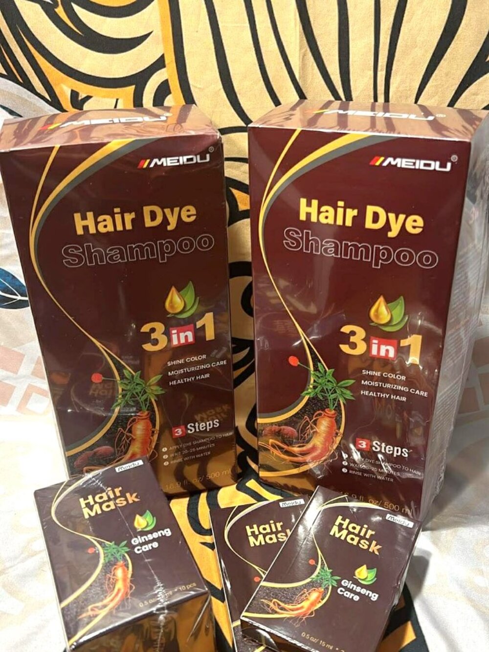 MEIDU Hair Dye Shampoo (2 Boxes) + 14 Ginseng Hair Masks